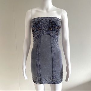 Vintage Free People Strapless Embroidered Dress Washed Blue